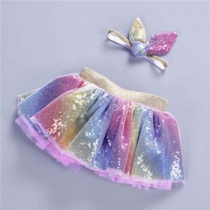 Sommar 0-8y Kids Girls Tutu Children Set Rainbow Sequin Bow pannband Tulle kjol Princess Costume Baby Girl Clothes A349 L2405