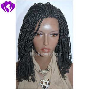 200denstiy full Short Braided Lace Front Wig Natural Black Kinky Twist Tip Braid Synthetic bob Wig Free Shipping Sdopx