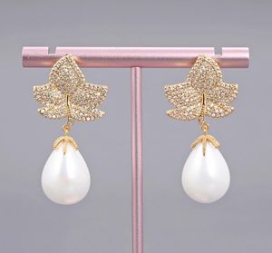 GuaiGuai Jewelry White Sea Shell Pearl Gold Color Plated Cz Micro Pave Drop Earrings For Women Real Gems Stone Lady Fashion Jewell6324107