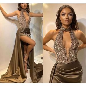 Sexig Split Evening Prom Dresses New Halter Sequins Top Keyhole Neck Long Pleats Satin Party OCN GOWNS Women Formal Vestidos 0603