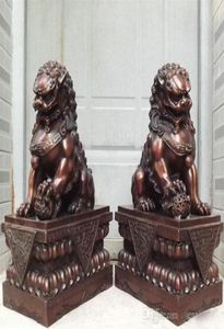 Kolekcjalna 18 Chin Pure Bronze Copper Ontelarne Drzwi Strażnik Fu Foo Dog Lion Statues Para 235I5846908