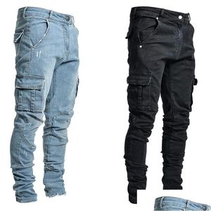 Män jeans herrar mti ficklast casual bomull denim byxor mode blyertsbyxor sidfickor släpp leveranskläder kläder dhxat