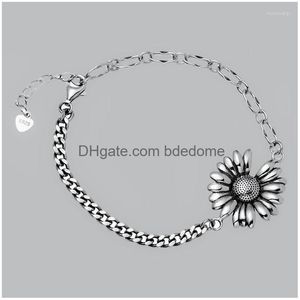 Charm Bracelets Sier Color Stylish Korean Retro Sunflower 925 Stamp Women Link Chain Jewelry Wholesale Drop Delivery Dhs6L