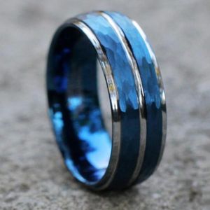 8 mm Men039S Fashion Tungsten Carbide Groove Ring Blue Meteoryt Inkrustowany Zespół zaręczynowy Wedding Biżuter