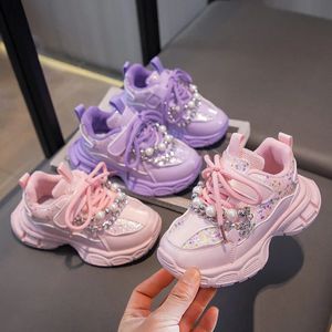 Barn Sneakers 2024 Girls Spring Fashion Shiny With Pearl Running Sport Shoes Barn Non-Slip Trainers Student Casual Sneakers 240528