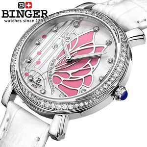 Switzerland Binger Women's Watches Fashion Luxury Watch Leather Strap Quartz Butterfly Diamond Wristwatches B-3019L 234U