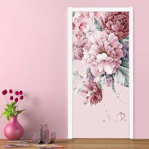 壁紙3Dロマンチックなピンクの花の花ドアステッカー壁画PVC自己接着防水ポスターリビングルームベッドルームステッカー