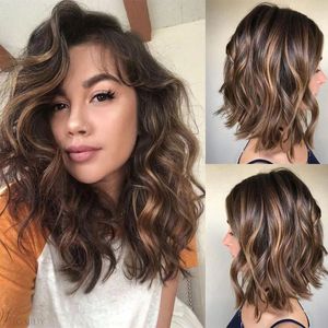 Short Wavy Blonde Highlight Wig Human Hair Wigs Ombre 13x4 Brown Lace Front Wig Brazilian Bob 360 HD Lace Frontal Wig Synthetic Preplucked