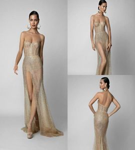 Sexig Berta Gold Sequined Prom Dresses Sweetheart lår slits aftonklänningar Dubai Arabic Backless Party Runway Dress Custom4482350