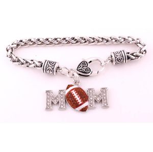 Selling Antique Sliver Plated Zinc Studded With Sparkling Crystal Rhinestone MOM FOOTBALL Pendant Charm Wheat Bracelet7608142