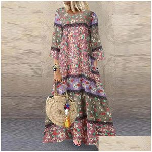 Основные повседневные платья Boho Printed Maxi платье винтажное хлопок Lensen Women vestidos Patchwork Plus Plus Size S-5xl Lose Pocket Long Y011 DHO90