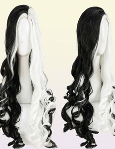 Cruella deville de vil cosplay perukları 75cm uzunluğunda kıvırcık yarı beyaz siyah ısıya dayanıklı sentetik saç kapağı y09132834762