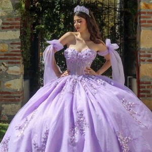 Lavanta mor prenses balyası elbisesi quinceanera elbiseler kurdeleler çiçekler dantel aplikeler boncuklar vestidos de 15 anos tatlı 16. elbise