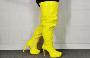 النساء مثير براءة اختراع أصفر ساطع أحذية جلدية رقيقة عالية منصة الفخذ الفخذ بوتاس على أزياء الركبة فارس الفارس الجوارب 9682999