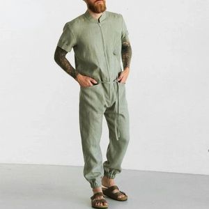 Erkek tulumlar keten yaz eğlence takım elbise yaz kısa kollu sürprizler tulum pantolon moda erkek joggers 240524