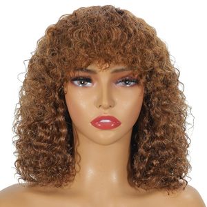 Curly Wig with Bangs Human Hair None Lace Front Glueless Short Kinky Curly Bob Wigs Afro Curly Wigs for Black Women Jerry Curly 200 Density Brown Machine Made Wig (14", 30)