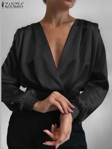 Kvinnors blusar skjortor zanzea elegant satin party skjorta kvinnor solid blus sexig v-ringning långa lanter slve tops mode pleating office wrapped tunics y2406015sga