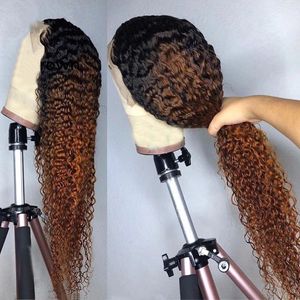 Deep Kinky Curly Peruka Pełna koronkowa przednie ludzkie włosy Ombre Brown Kolor Syntetyczne peruki dla czarnych kobiet MDIWS