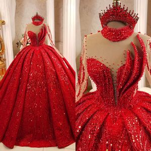 Gorgeous Prom Ball Gown High Collar Sheer Neck Long Sleeves Dresses Sequins Beads Ruffles Dress For Party Custom Made