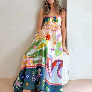 Новый стиль мода сексуальное подвесное свинг -качели Длинное платье летние женщины носить элегантные с высокой талией ремешок с печать