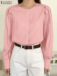 Bloups feminina camisa de moda Mulher Camisa 2024 Botões plissados ​​de verão Blusa Zanzea Office Casual Tops Solid Solid