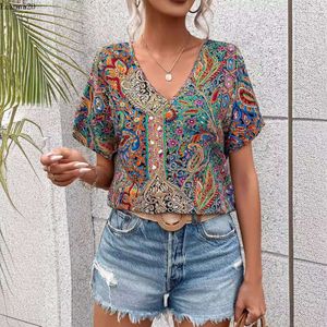 2024 New Leisure Bat Short Sleeves Western Style Trend Printed Loose Top V-neck T-shirt Women's
