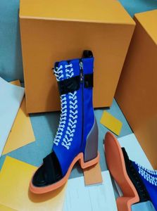 Moonlight Half Boot Designer Luxury Women Open Toe Boots Chunky Heel Blue Satin Rubber Outrole Laceup Boots2160193