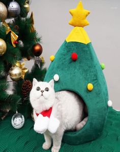 かわいいクリスマスツリーの形状猫犬の家ソフト居心地の良い折りたたみ冬の暖かい子猫の洞窟動物子犬睡眠マットベッド新年プレゼント13885050