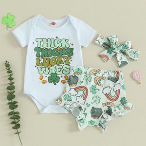 Clothing Sets FOCUSNORM 3pcs Infant Baby Girls Clothes 0-18M Short SleeveLetters Print Romper With Rainbow Clover Shorts Hairband