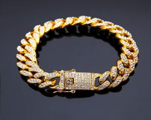 Fashion Mens Bracelets 14k Gold Chain Cuban Link Bracelet Punk Hip Hop Jewelry Silver Rhinestone Double Safety Design Men For Gift6963113
