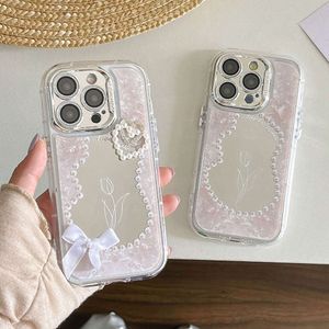 Ins Makeup Mirror 3d Pearl Love Heart Bow Phone for iPhone 15 14 Plus 13 12 Pro Max Tulip Flowers Shockproof Back Cover