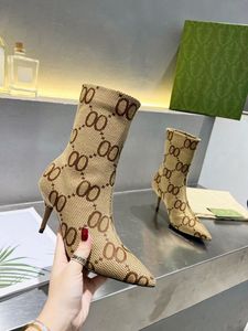 Brand ankle boots, women's elastic knitted designer shoes, high heels, pointed socks, middle boots, geometric stripes, leather soles, banquet half boots, 35-41