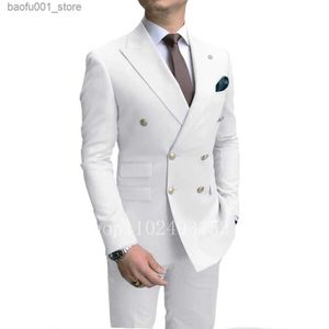 دعاوى الرجال للبليزرز الجديد أزياء أبيض رجال رفيع النحافة مجموعة 2 قطعة مزدوجة الصدر المزدوج أفضل مجموعة الزفاف رجال Q240603