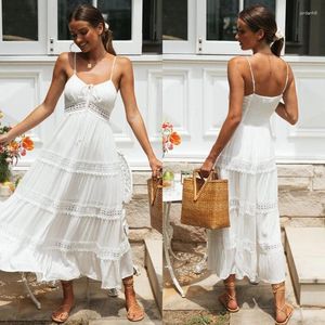 Casual Dresses Women Summer Solid Strap Sleeveless Beach Sexig Lace Bohemian Maxi Dress Y2K Ladies V-Neck Boho Sundress Vestidos kläder