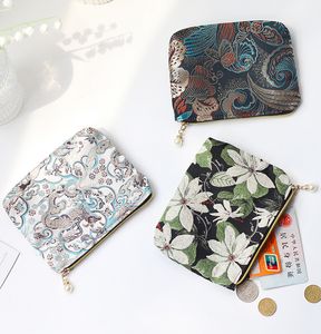 DHL150PCS 동전 지갑 레트로 중국 꽃 인쇄 이어 라인 보호 가능한 짧은 지갑 믹스 색상