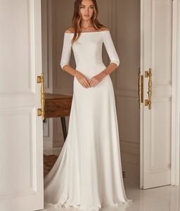 Elegant Long Bateau Neck Wedding Dresses with Sleeves Sheath Crepe Ivory Vestido de novia Sweep Train Zipper Back Bridal Gowns for Women