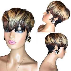 Short Straight Bob Pixie Cut None Lace Front Human Hair Black /Ombre Blonde Brown Wig With Bangs For Women Lkofb