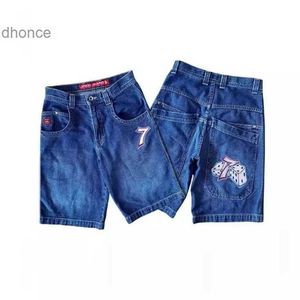 JNCO Shorts Y2K Pants Harajuku Hip Hop Lucky 7 Shape Blue Loose Denim