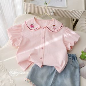 Kids Shirts Girls Embroidered Pink Cotton Shirt Puff Sleeve Tops 230321