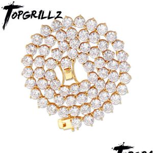 Tennis Graduated Topgrillz Bling 3 Prong Tennis Chain Necklace 4Mm 6Mm Men Hip Hop Charm Gold/Sier Color Jewelry Iced Out Aaa Cubic Dhlxt