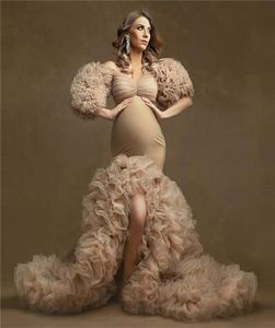 Blommig rufsad brud moderskapsklänningar sexiga slits puffy hylsa elastiska skräddarsydda kvinnor sjöjungfest klänningar plus storlek 2102246318555