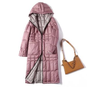 Women's Down Parkas Pink Long Down Jacket Women Winter Slim Warm Double Sided Coat Female Ultra Light Down Parka with a Hood Ladies Overcoat 211108km0k