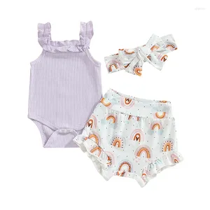 Clothing Sets Baby Girls Shorts Set Sleeveless Romper With Rainbow Print And Hairband Summer Outfit