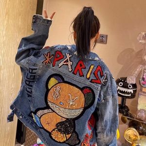 New Spring and Autumn Street Style Holes Denim Jackets for Women Cartoon Diamonds Jean Coats and Jackets Ripped Winbreaker 201106