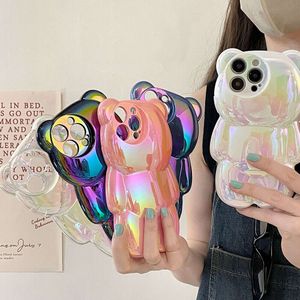 3D Laser Bear Cartoon Silicone Phone Back Case For iPhone 11 12 13 Pro Max 14 Plus Cases Lens Protection Shock Proof Cover