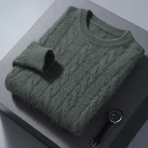 Men's Sweaters 100% Pure Mink Cashmere Sweaters Mens Round Neck Thickened Pullover Autumn and Winter Warm Casual Knitted Large Size Twist Tops Q240603