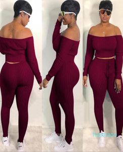 Plus Size Fashion Women039s Sexy 2 Pieces Off Shoulder Long Sleeve Crop Top och Long Pant Bodycon Jumpsuit Skinny Romper6379859