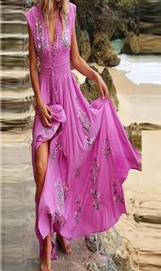 الفساتين غير الرسمية فستان الصيف ماكسي الشاطئ الفرنسي على غرار خط تطريز زهرة الخام