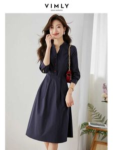 Work Dresses Vimly Elegant Summer Shirt Dresses for Women 2024 Office Lady Navy Cotton Blend A-line V-Neck Three Quarter Sleeve Fitted Dress z240603