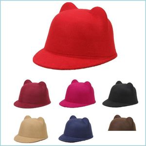 Szerokie brzegowe czapki urocze uszy wełny wełniane czapka dla kobiet dzieci chłopcy dziewczęta solidne kolory gładki fedoras formalny jeździecko-dziecko czapka dhqvx